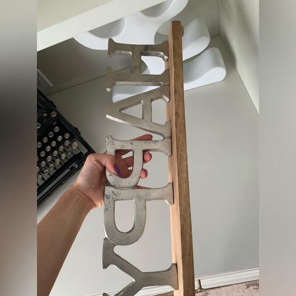 “Happy” Wood Silver Metal Large Decorative Sign Home Decor Made in India EUC 20” - Picture 6 of 9